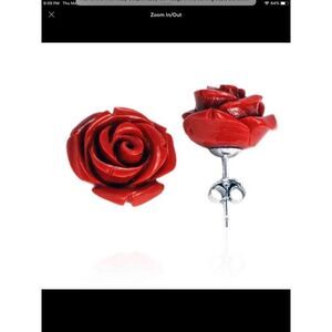 .925SS Red Coral Resin Rose Earrings